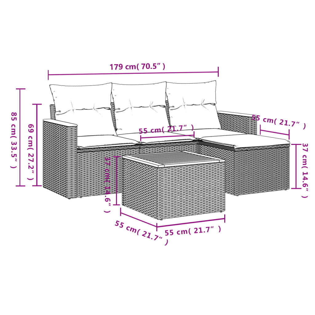 5 pcs conjunto sofás de jardim c/ almofadões vime PE cinzento