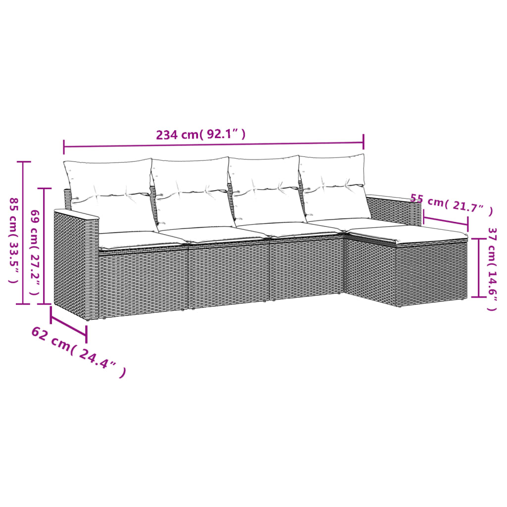 5 pcs conjunto sofás de jardim com almofadões vime PE preto