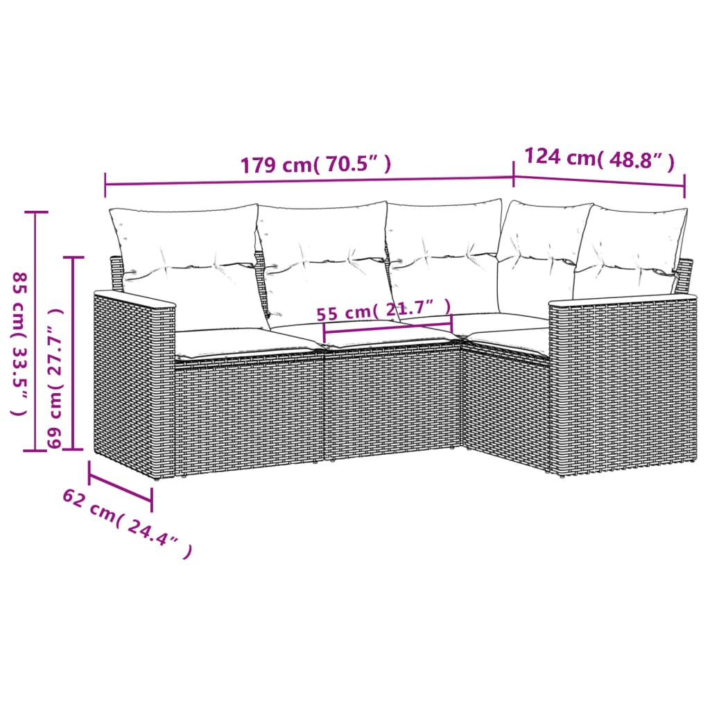 4 pcs conjunto de sofás para jardim c/ almofadões vime PE preto