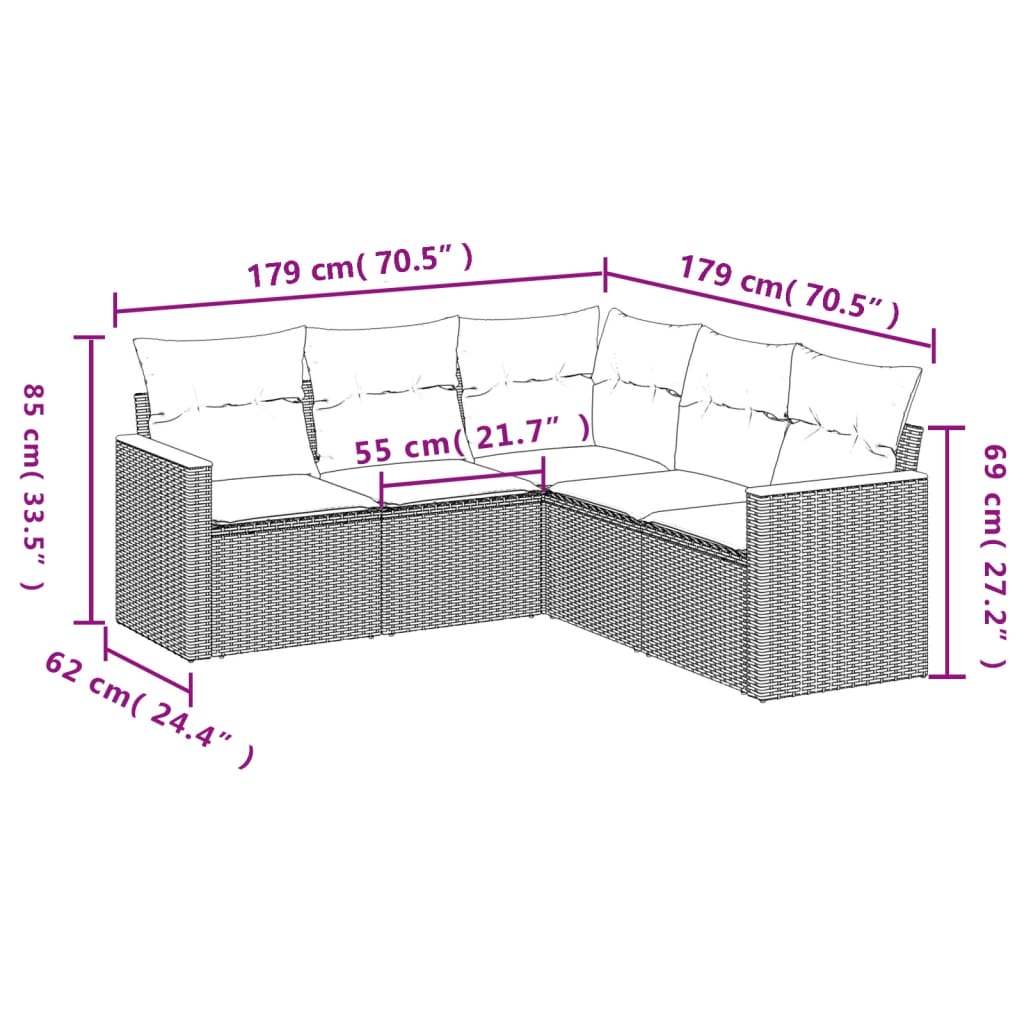 5 pcs conjunto sofás de jardim com almofadões vime PE preto