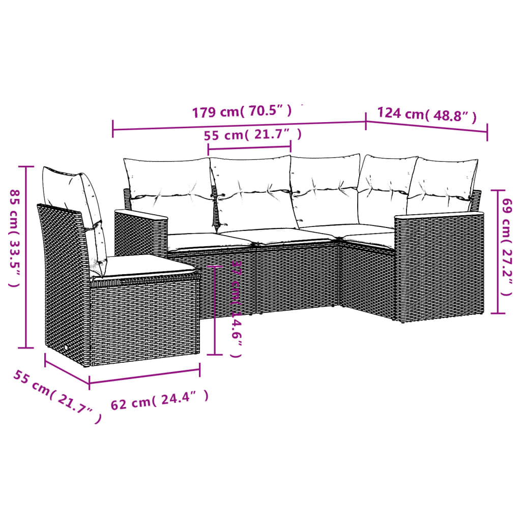 5 pcs conjunto sofás de jardim com almofadões vime PE preto