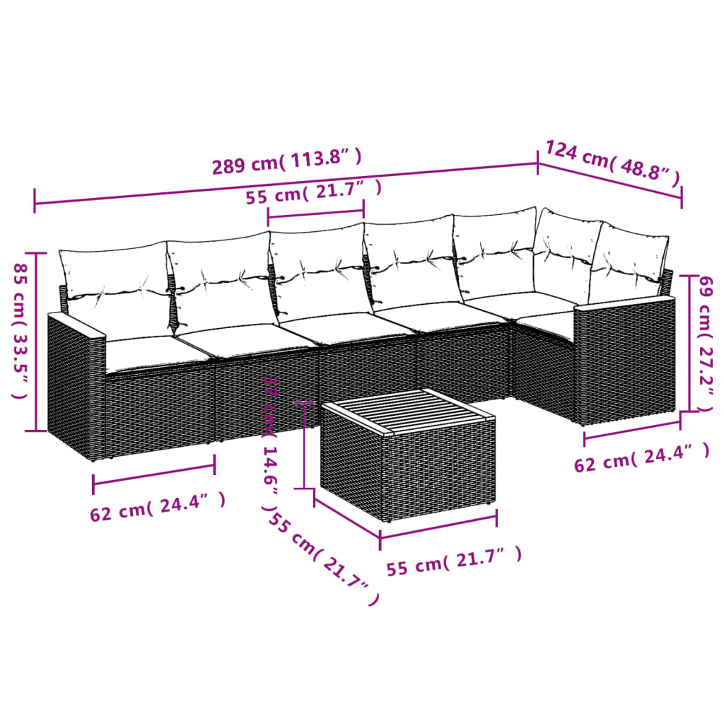 7 pcs conj. sofás jardim c/ almofadões vime PE bege misturado