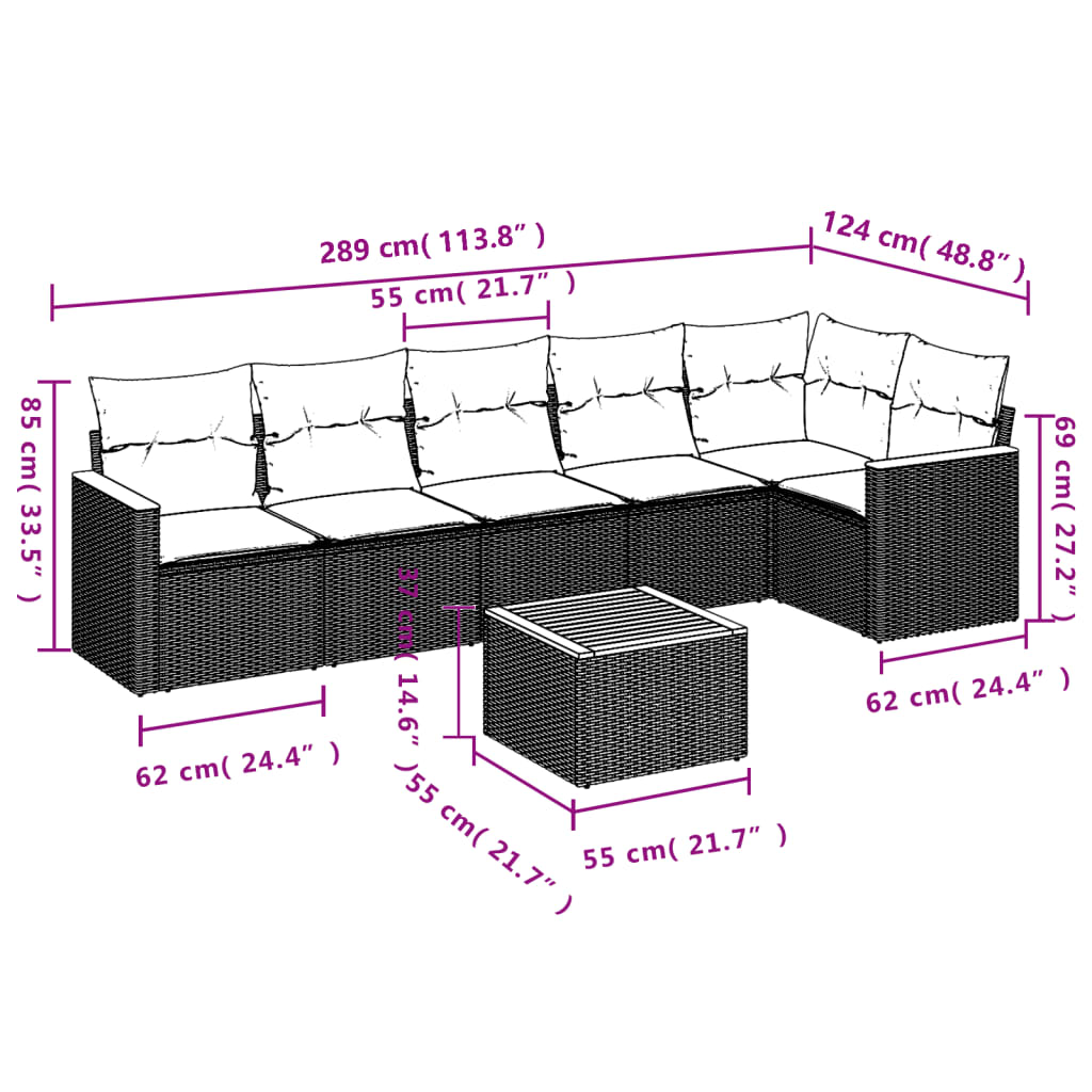 7 pcs conjunto sofás p/ jardim c/ almofadões vime PE cinzento