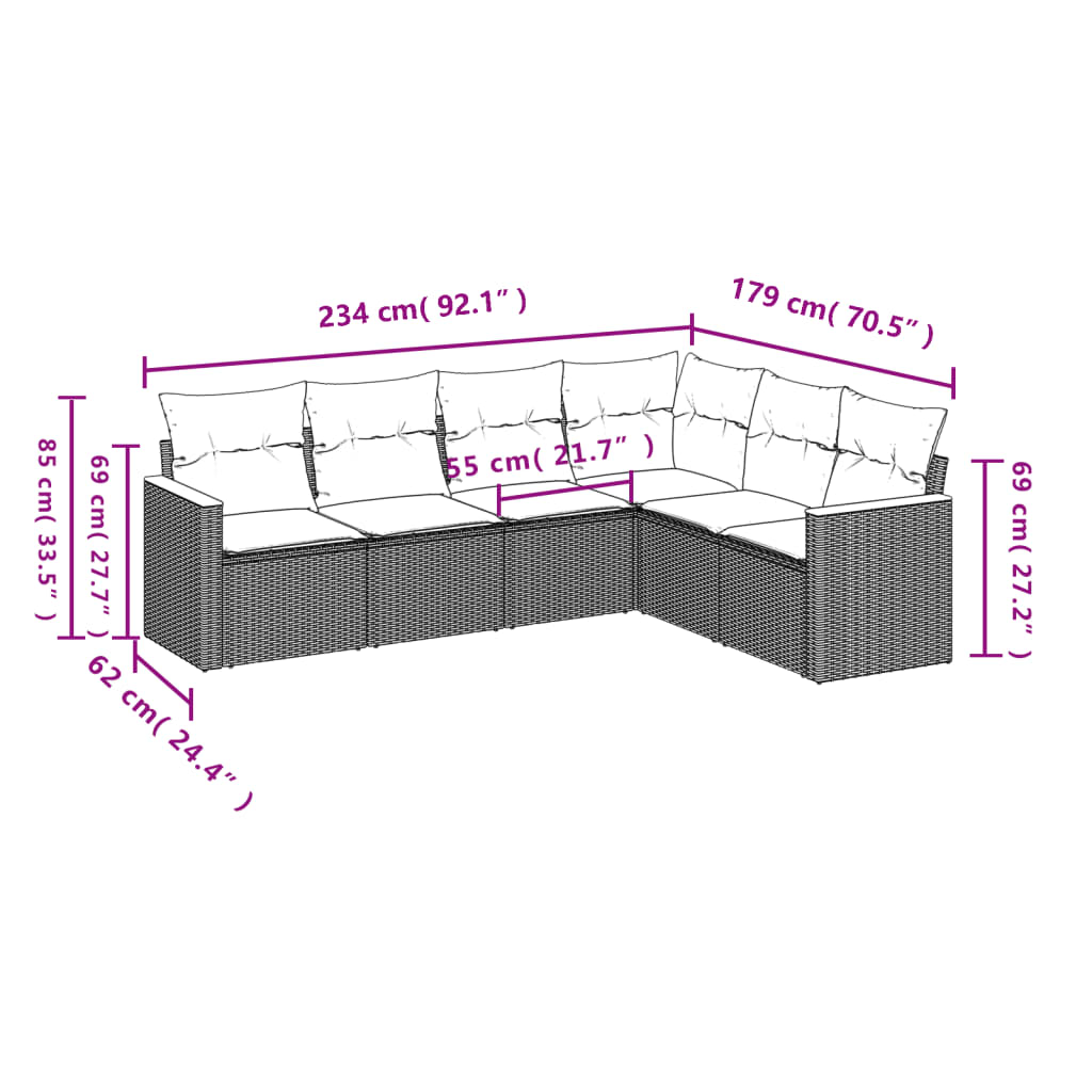 6 pcs conjunto sofás de jardim c/ almofadões vime PE preto