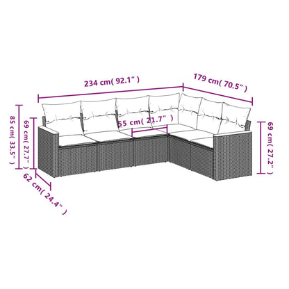 6 pcs conjunto sofás de jardim c/ almofadões vime PE preto