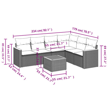 7 pcs conj. sofás jardim c/ almofadões vime PE bege misturado