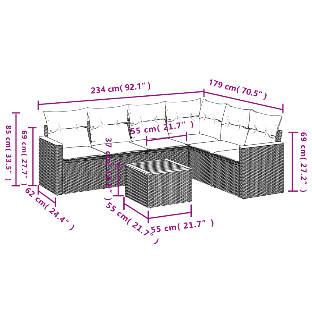 7 pcs conjunto sofás p/ jardim c/ almofadões vime PE cinzento