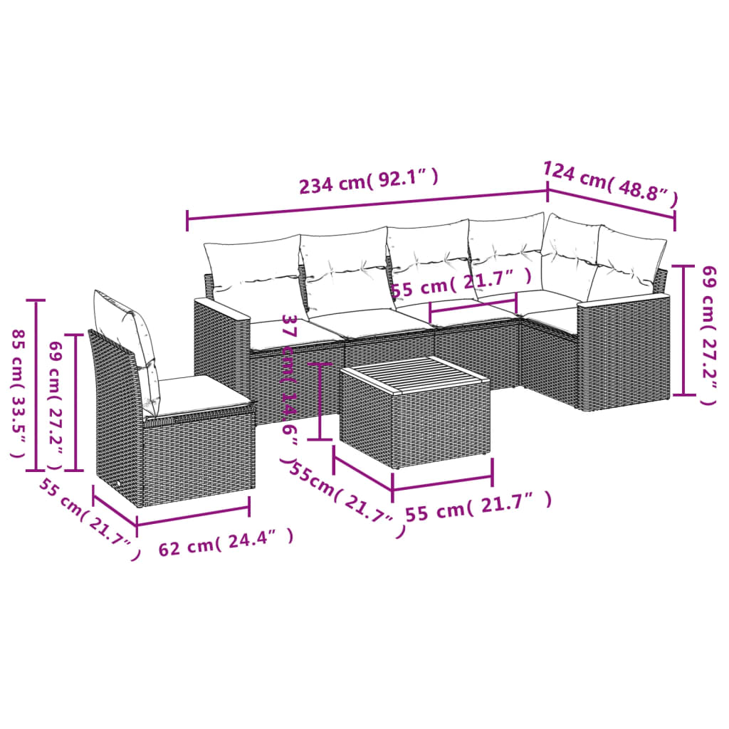 7 pcs conj. sofás jardim c/ almofadões vime PE bege misturado