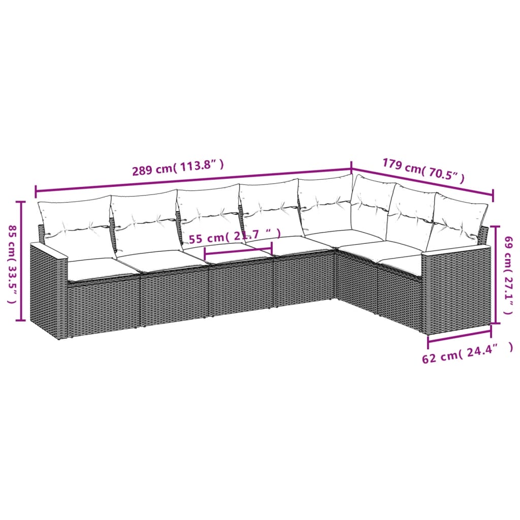 7 pcs conjunto de sofás p/ jardim c/ almofadões vime PE preto