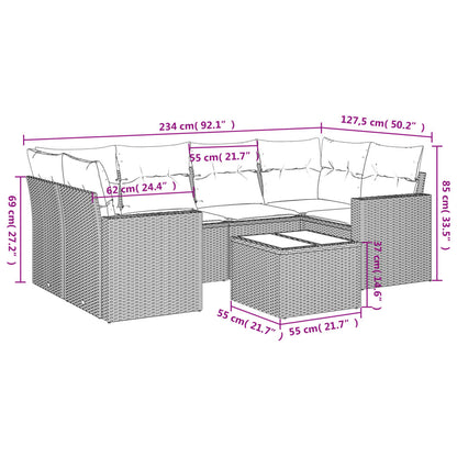 7 pcs conjunto sofás p/ jardim c/ almofadões vime PE cinzento