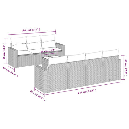 8 pcs conj. sofás jardim c/ almofadões vime PE cinzento-claro