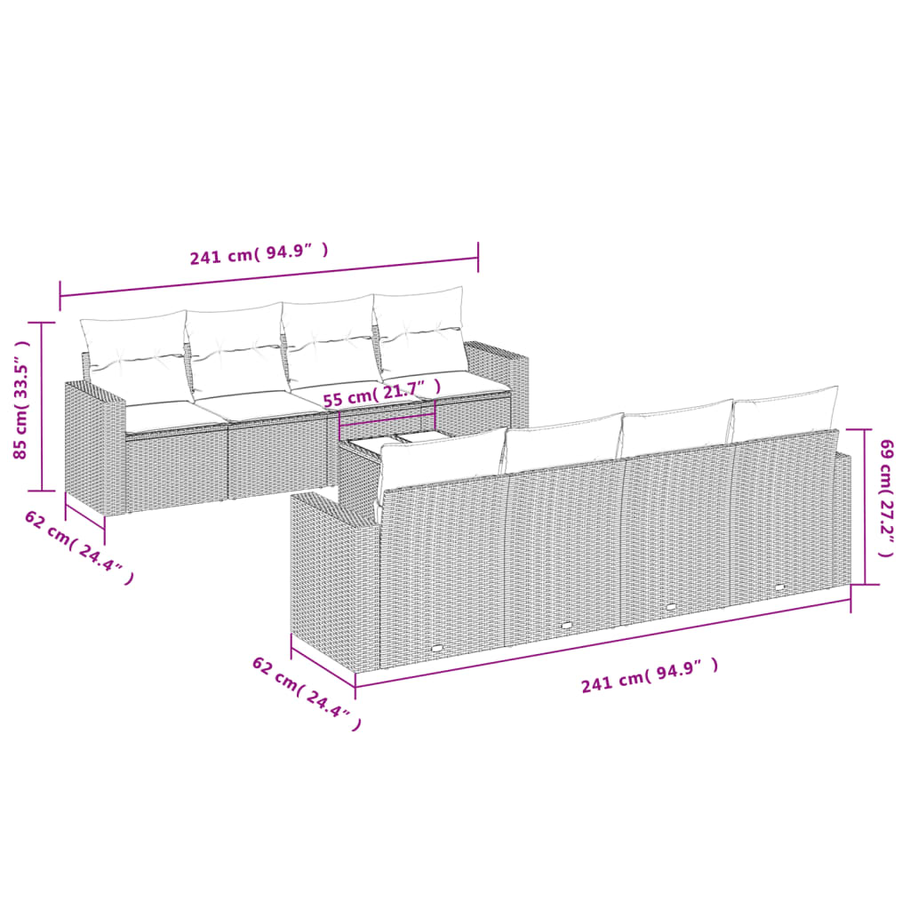 9 pcs conjunto de sofás p/ jardim c/ almofadões vime PE preto