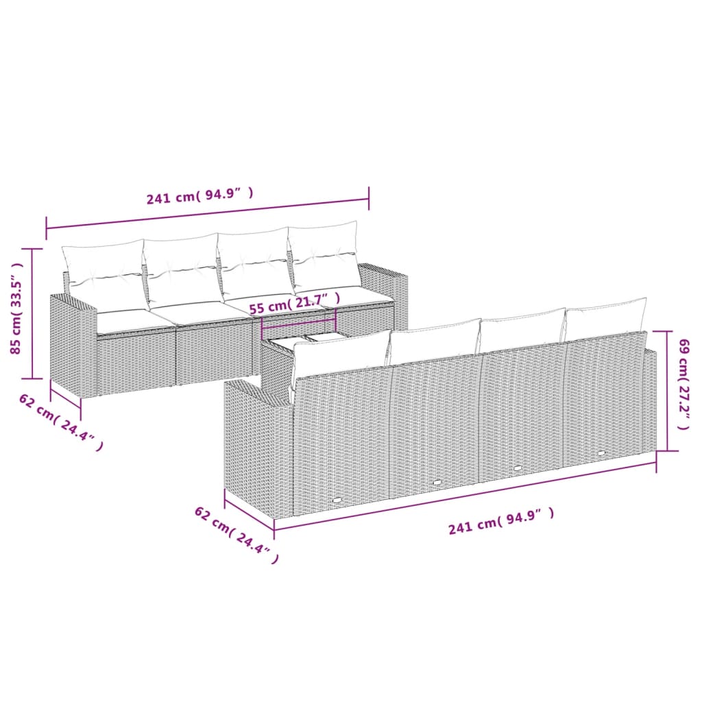 9 pcs conjunto de sofás p/ jardim com almofadões vime PE bege