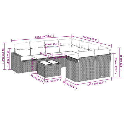 9 pcs conjunto de sofás p/ jardim c/ almofadões vime PE preto