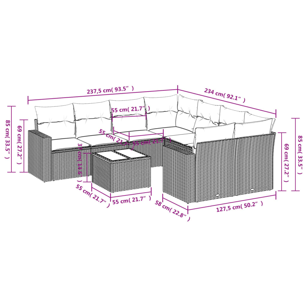 9 pcs conjunto sofás p/ jardim com almofadões vime PE cinzento