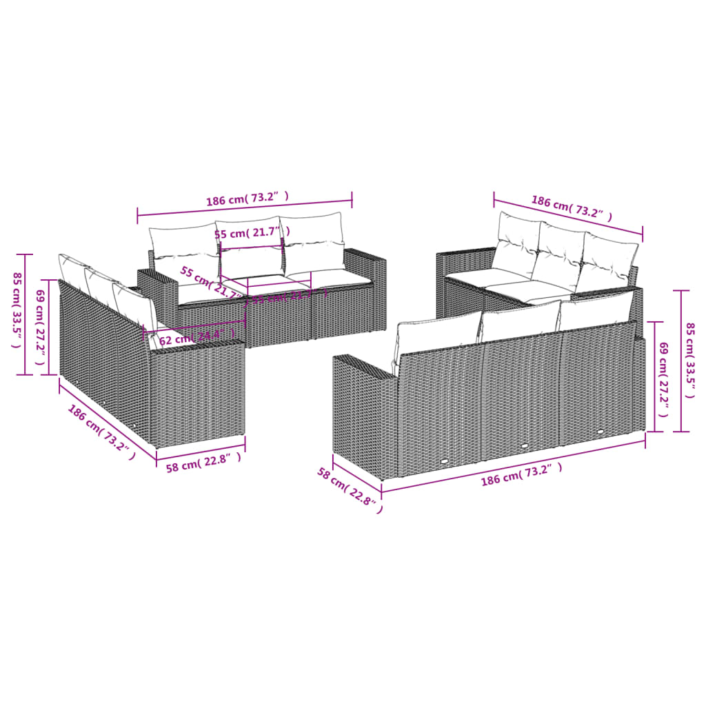 12 pcs conjunto de sofás de jardim c/ almofadões vime PE preto