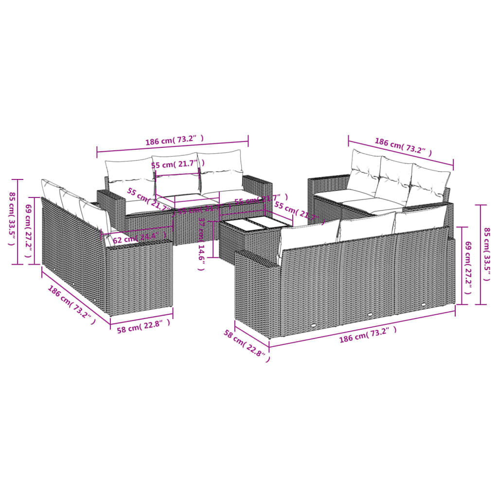 13 pcs conjunto de sofás de jardim com almofadões vime PE preto