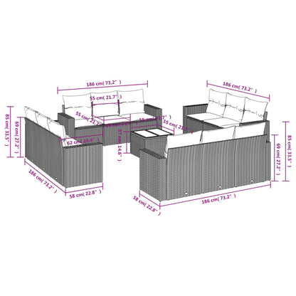 13 pcs conjunto de sofás p/ jardim com almofadões vime PE bege