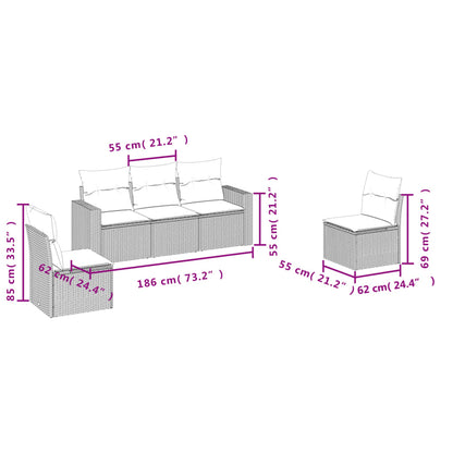 5 pcs conjunto sofás de jardim com almofadões vime PE preto