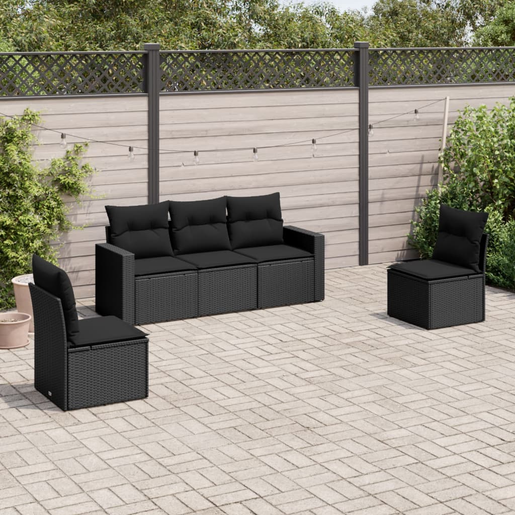 5 pcs conjunto sofás de jardim com almofadões vime PE preto