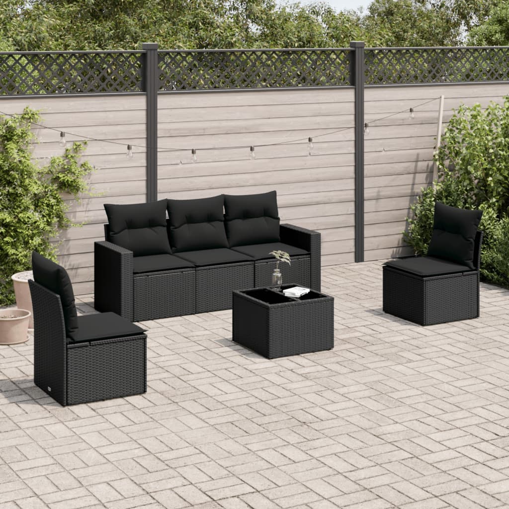 6 pcs conjunto sofás de jardim c/ almofadões vime PE preto