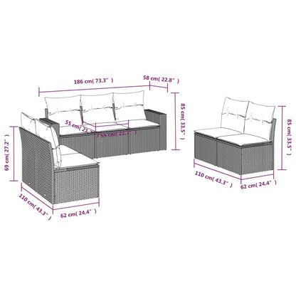 7 pcs conjunto de sofás p/ jardim c/ almofadões vime PE preto