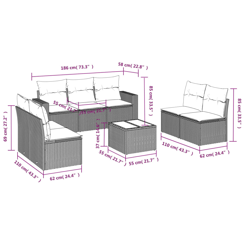 8 pcs conjunto sofás de jardim c/ almofadões vime PE cinzento