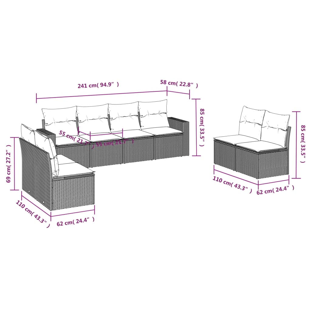 8 pcs conjunto sofás de jardim c/ almofadões vime PE cinzento