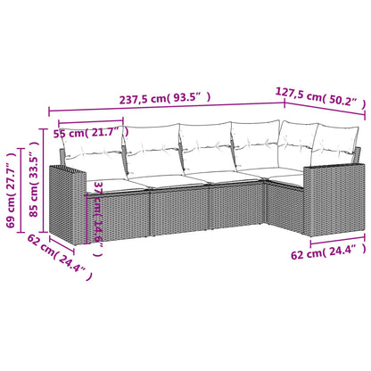 5 pcs conjunto sofás de jardim c/ almofadões vime PE cinzento