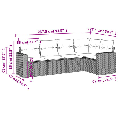 5 pcs conjunto sofás p/ jardim c/ almofadões vime PE castanho