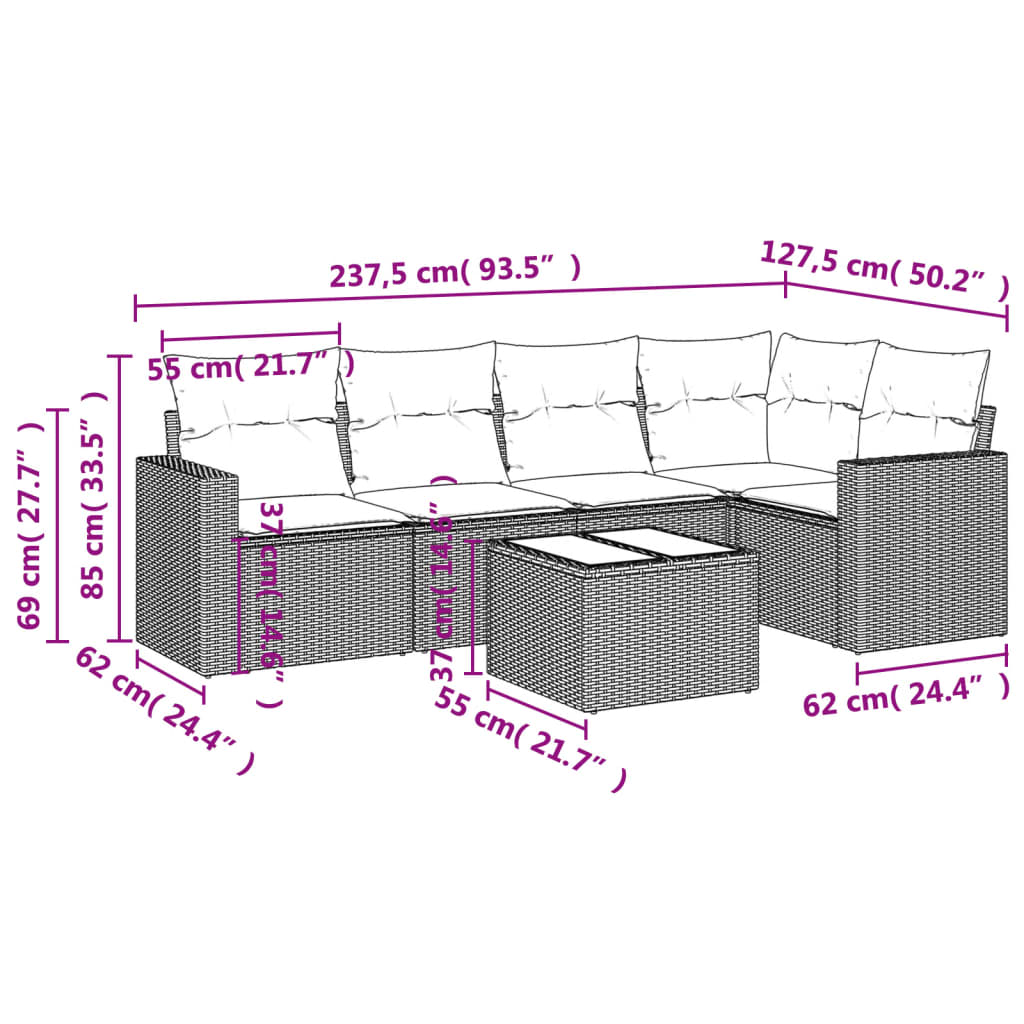 6 pcs conjunto sofás de jardim com almofadões vime cinzento