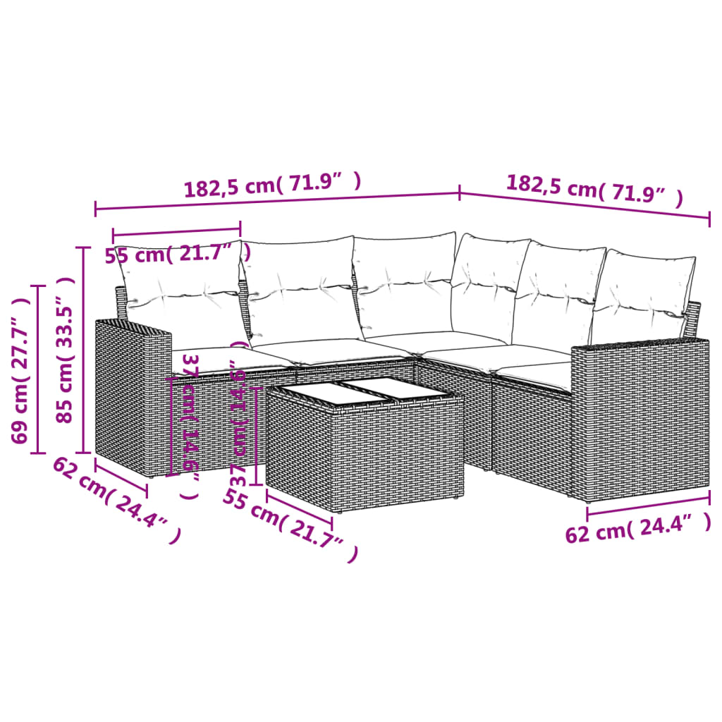 6 pcs conjunto sofás de jardim com almofadões vime cinzento