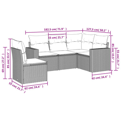 5 pcs conjunto sofás de jardim com almofadões vime PE preto