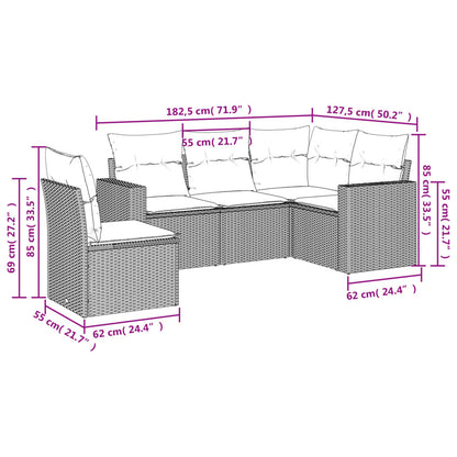 5 pcs conjunto sofás p/ jardim c/ almofadões vime PE castanho