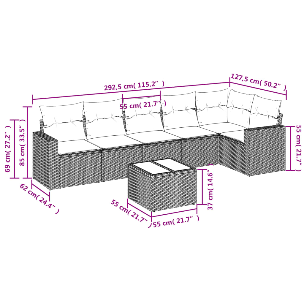 7 pcs conjunto sofás p/ jardim c/ almofadões vime PE cinzento