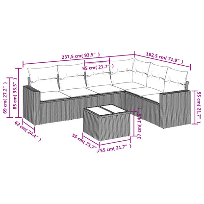 7 pcs conjunto sofás p/ jardim c/ almofadões vime PE cinzento