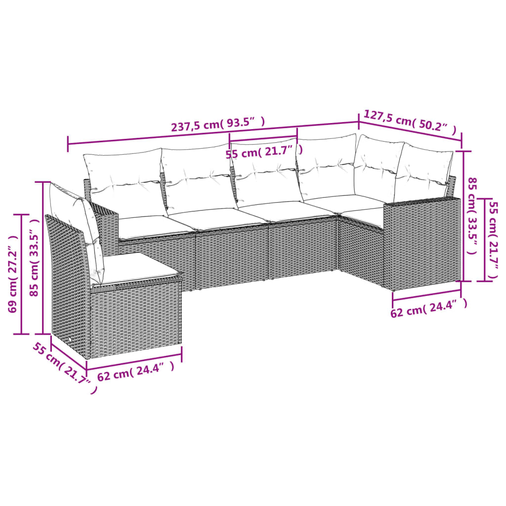 6 pcs conjunto sofás de jardim com almofadões vime cinzento