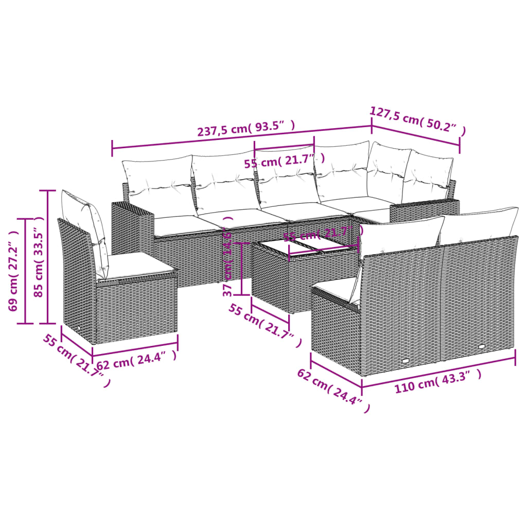 9 pcs conjunto sofás p/ jardim com almofadões vime PE cinzento