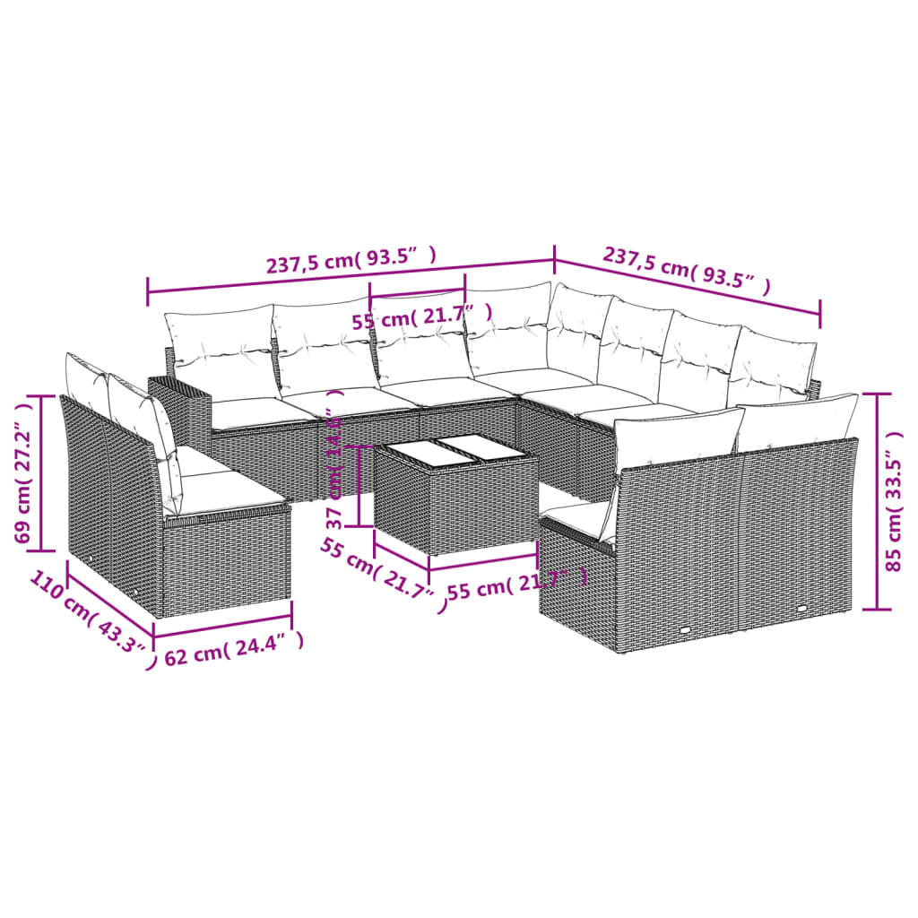 12 pcs conjunto de sofás de jardim c/ almofadões vime PE preto