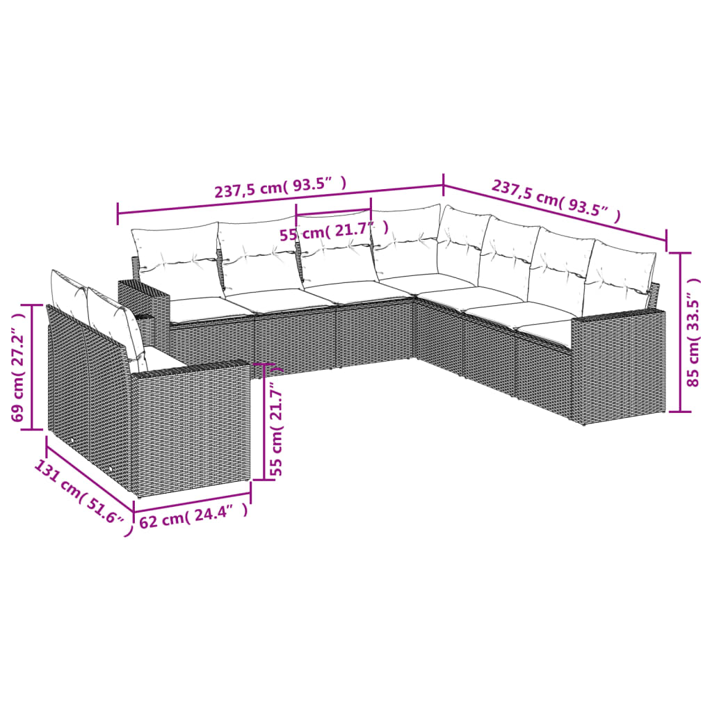 9 pcs conjunto de sofás p/ jardim c/ almofadões vime PE preto