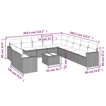 12 pcs conjunto de sofás jardim c/ almofadões vime PE cinzento