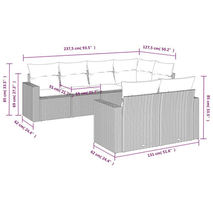 7 pcs conjunto de sofás jardim c/ almofadões vime PE castanho