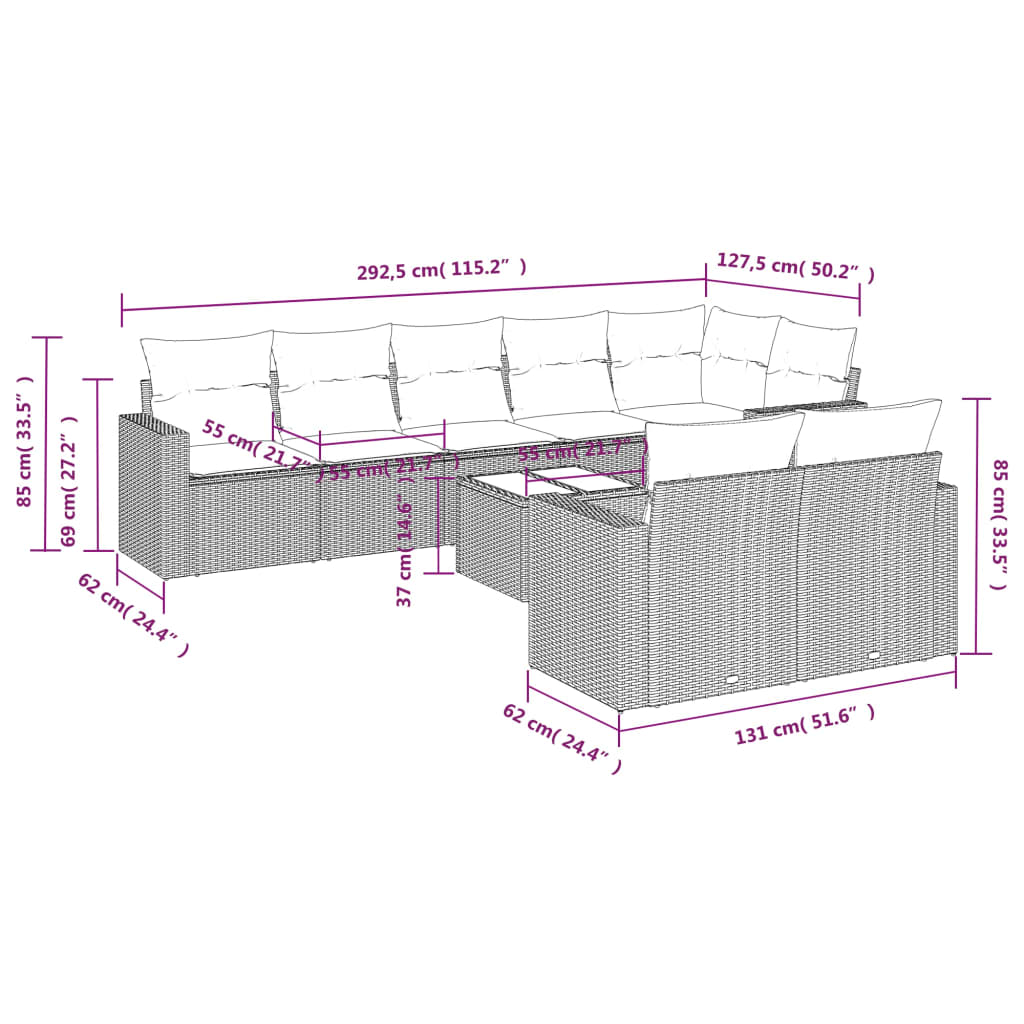 9 pcs conjunto de sofás p/ jardim com almofadões vime PE bege