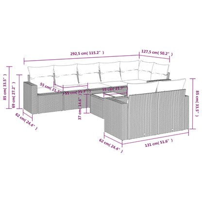 9 pcs conjunto de sofás p/ jardim com almofadões vime PE bege