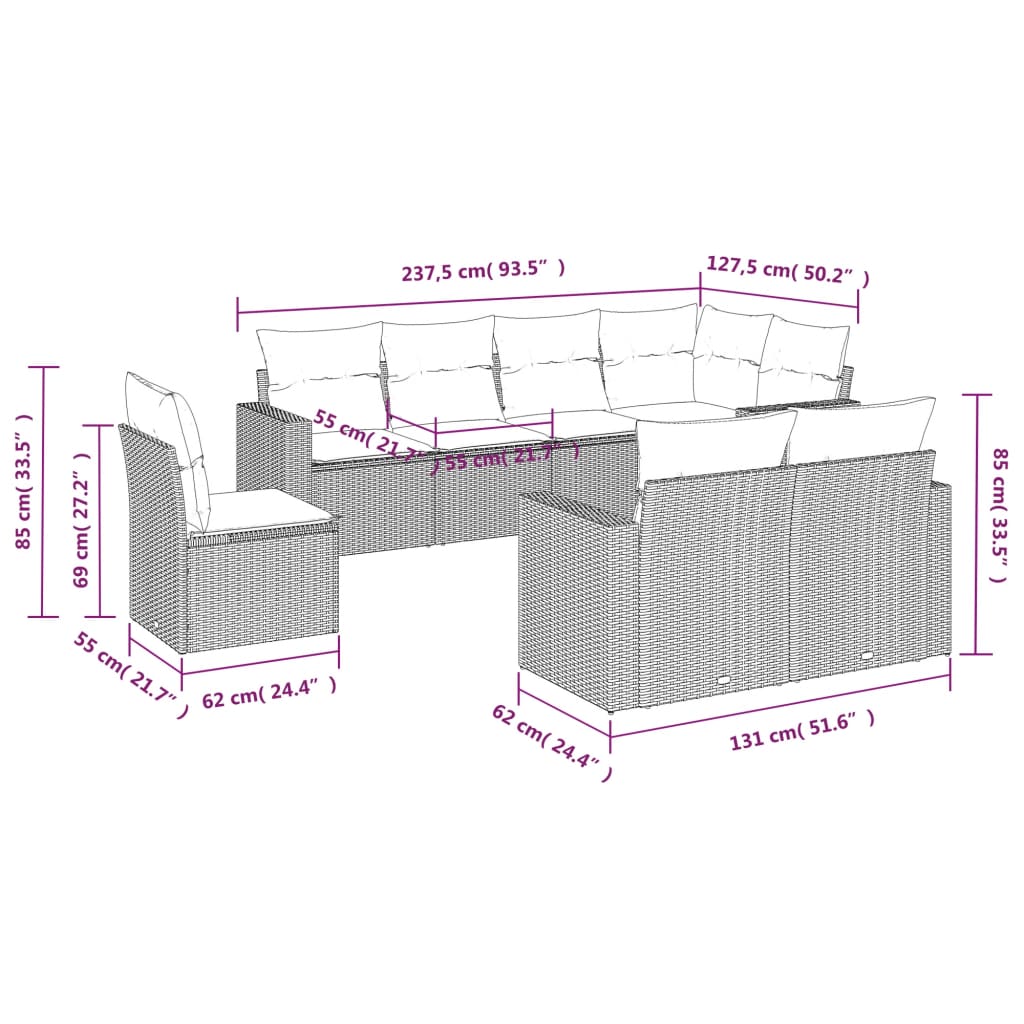 8 pcs conjunto sofás de jardim c/ almofadões vime PE cinzento