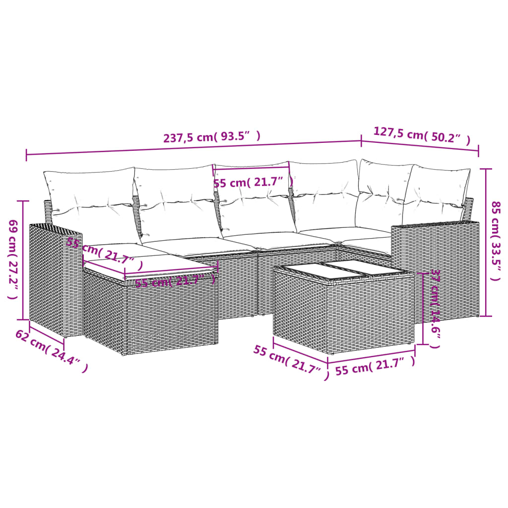 7 pcs conjunto sofás p/ jardim c/ almofadões vime PE cinzento