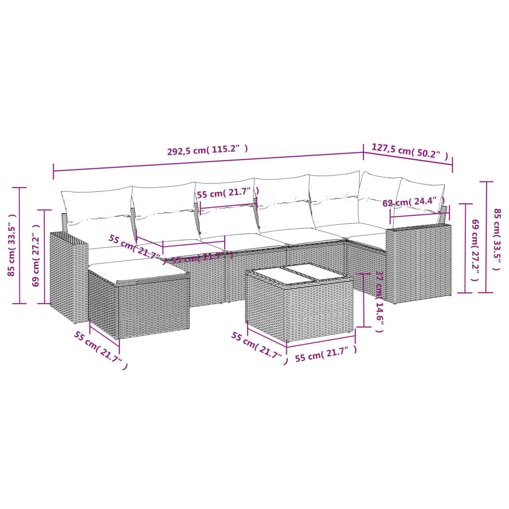 8 pcs conjunto sofás de jardim com almofadões vime PE preto