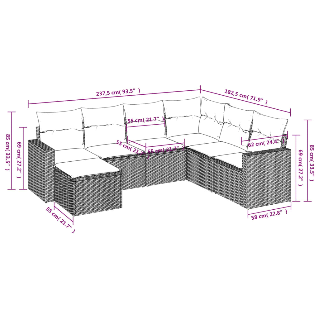 7 pcs conjunto sofás p/ jardim c/ almofadões vime PE cinzento