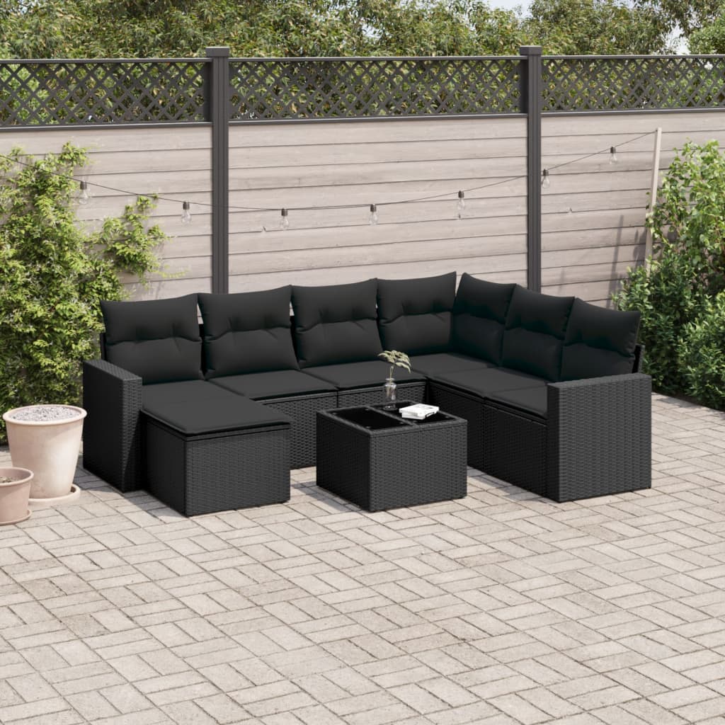 8 pcs conjunto sofás de jardim com almofadões vime PE preto