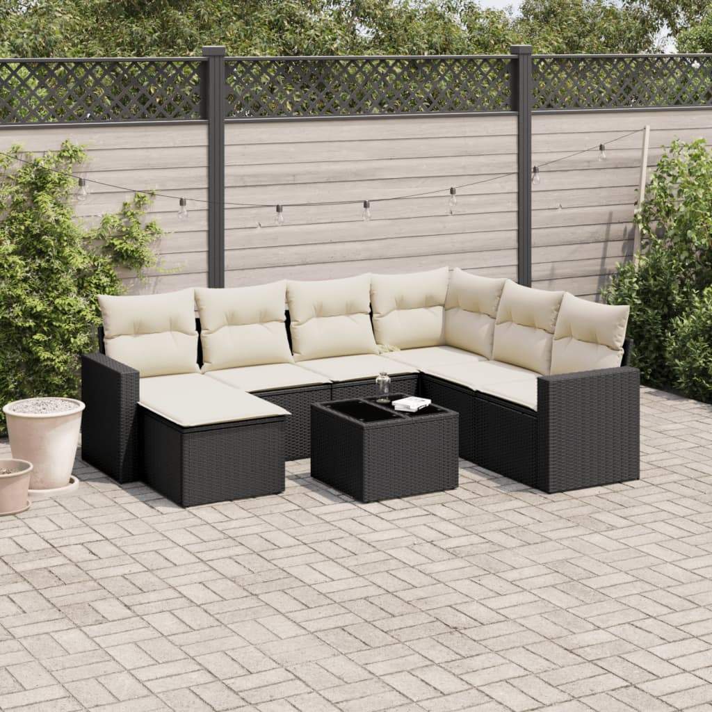 8 pcs conjunto sofás de jardim com almofadões vime PE preto